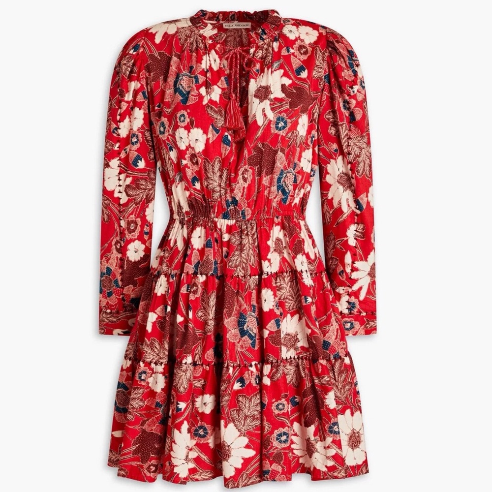 Ulla Johnson Liv Mini Cotton Blend Red White Floral Long Sleeve Dress, Sz 8